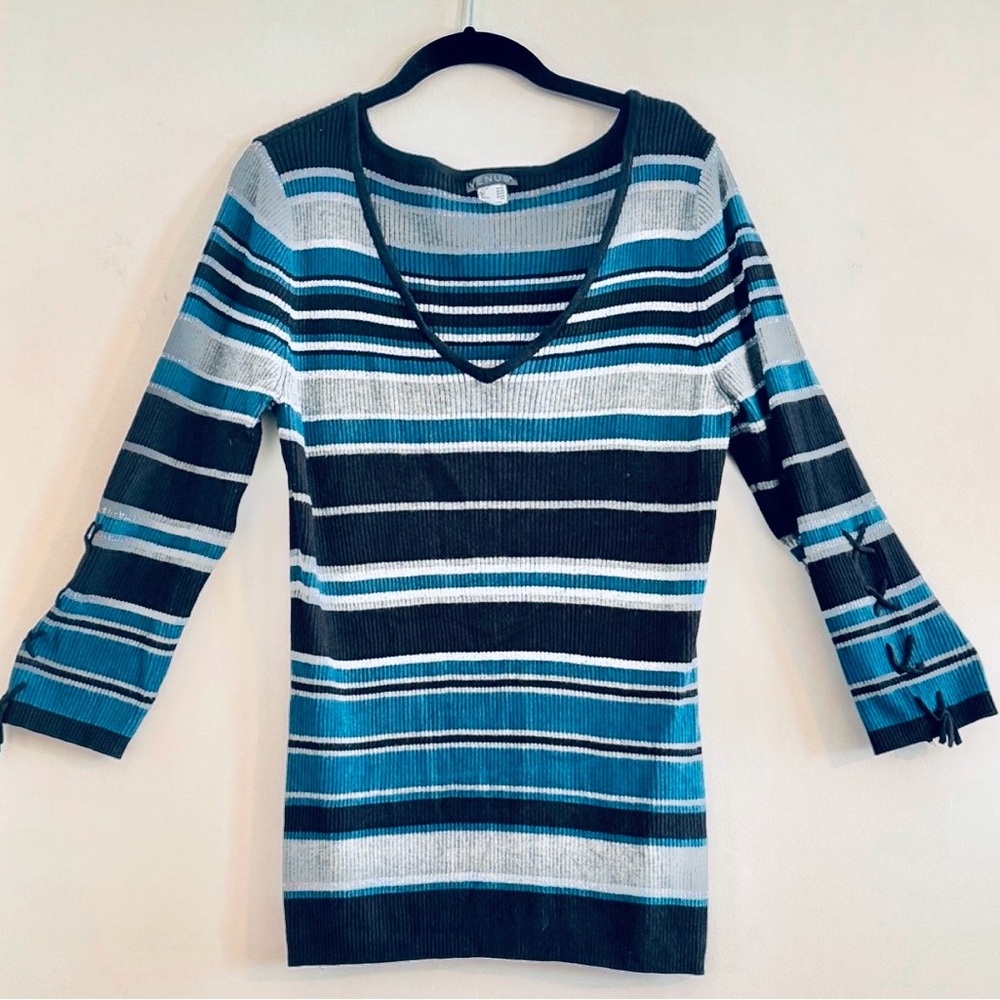 VENUS Teal Black Light Gray Striped V-Neck Sweater Size XL